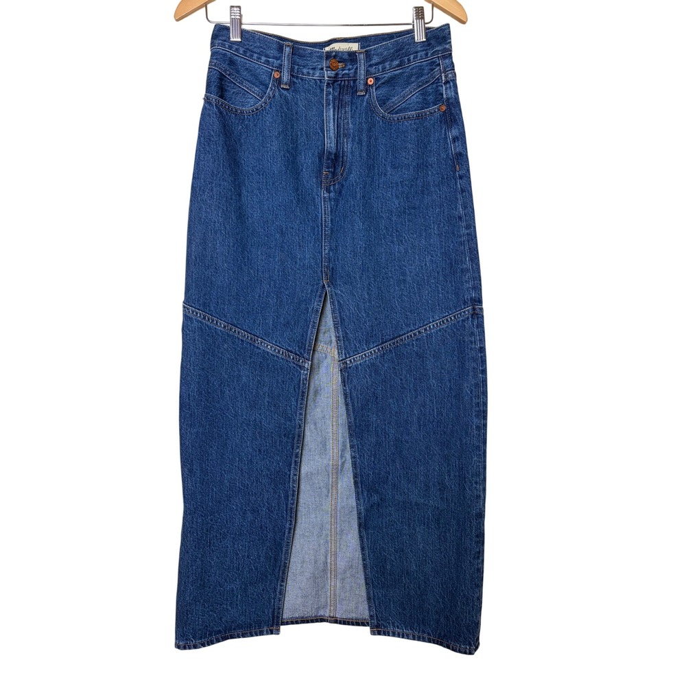 Madewell Denim Maxi Skirt Front Slit Indigo Blue Size 25 NWT